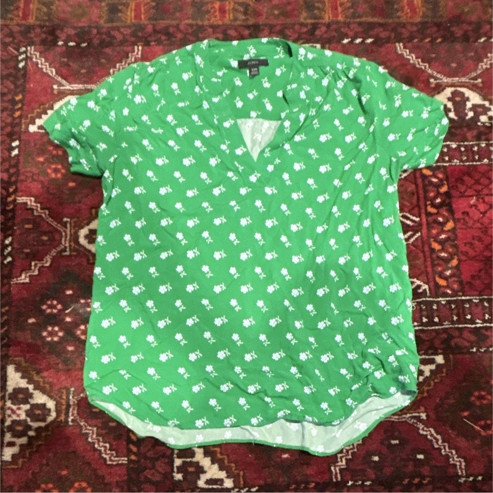 J.CREW Womens XXS Green White Floral Split Neck Short Sleeve Pullover Blouse